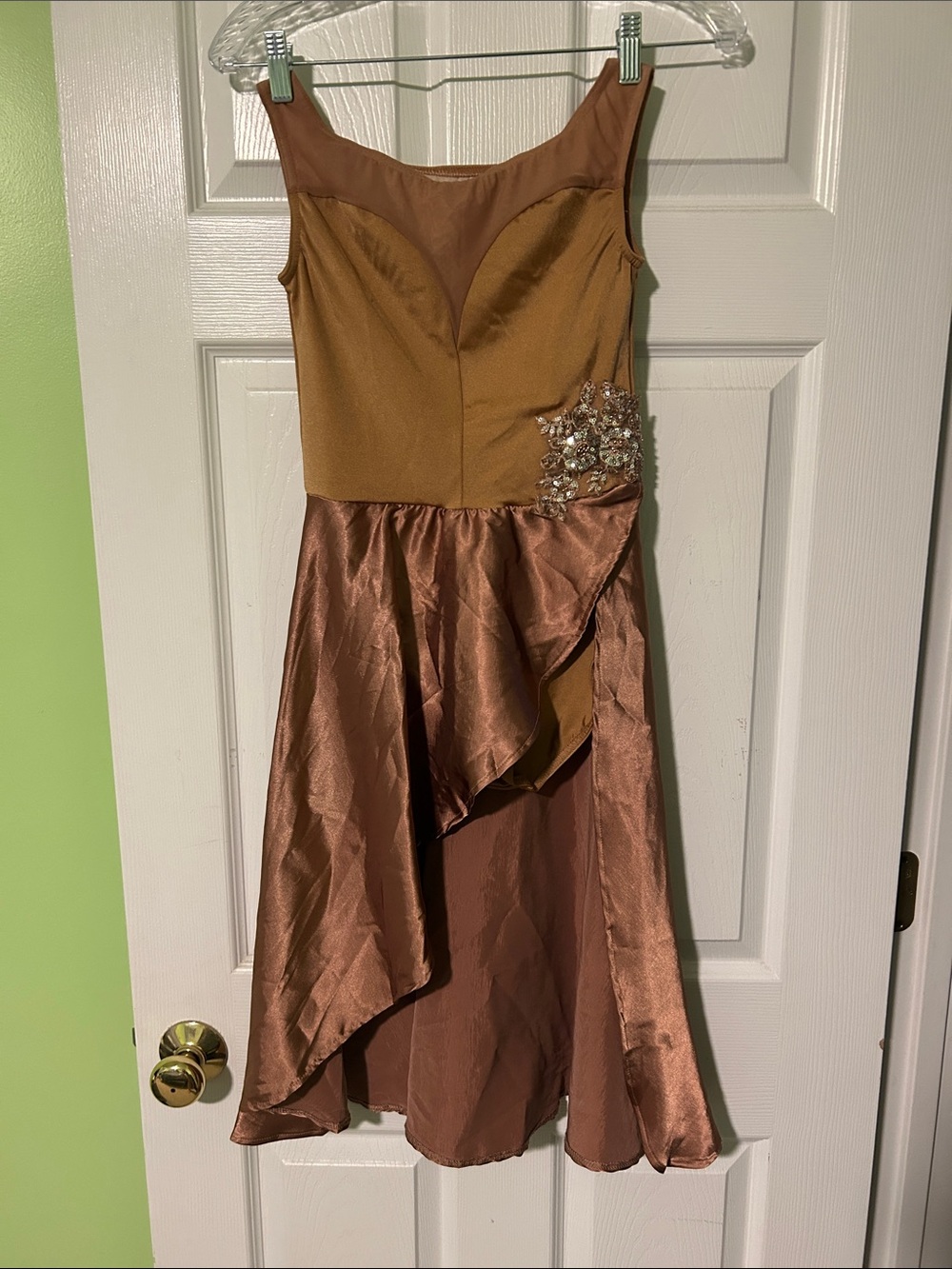 Weissman Copper Satin High-Low Dance Dress with Applique